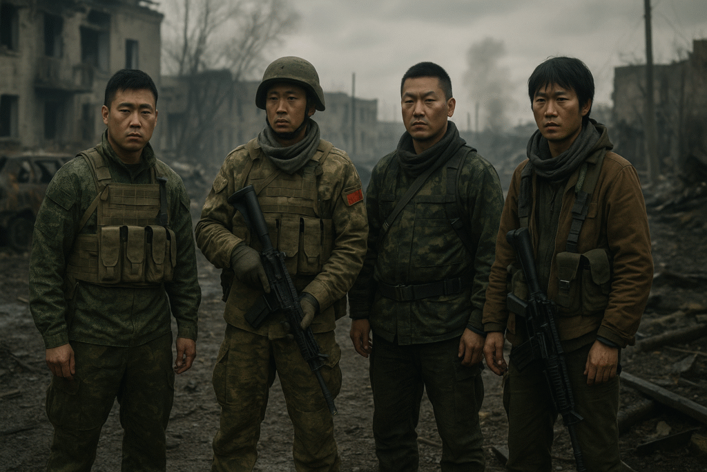 Chinese mercenaries in mismatched tactical gear stand in a ruined, muddy urban battlefield in Donetsk, Ukraine, under an overcast sky with smoke in the background