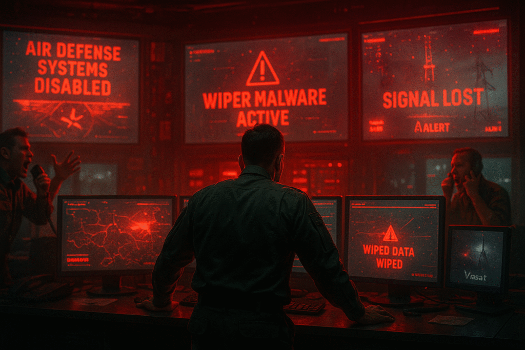 In a dimly lit command center, a Ukrainian officer stands tensely at a console surrounded by large red warning screens showing disabled air defense systems, active wiper malware, and lost satellite communications, while other officers urgently make radio calls and shout orders amid the chaos. Cyber Warfare in Ukraine.