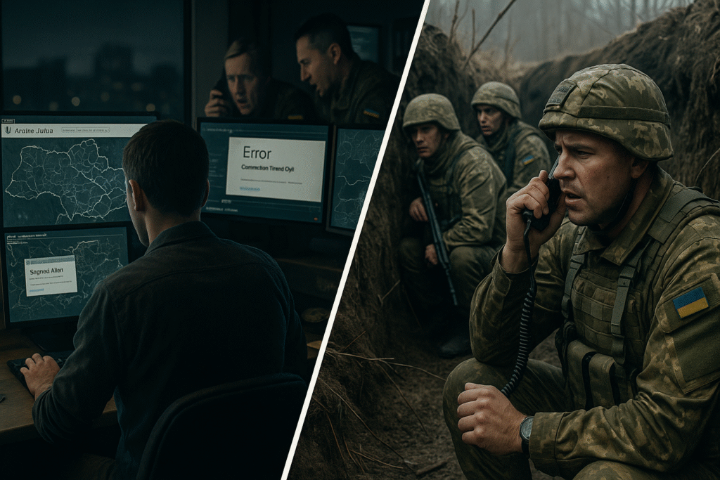 Split-image showing a cyber warfare control room on the left, where Ukrainian officers face connection errors and disrupted maps on their monitors, and on the right, soldiers in modern Ukrainian uniforms wait tensely in muddy trenches, one soldier trying to receive instructions over a military radio.
Cyber Warfare in Ukraine
