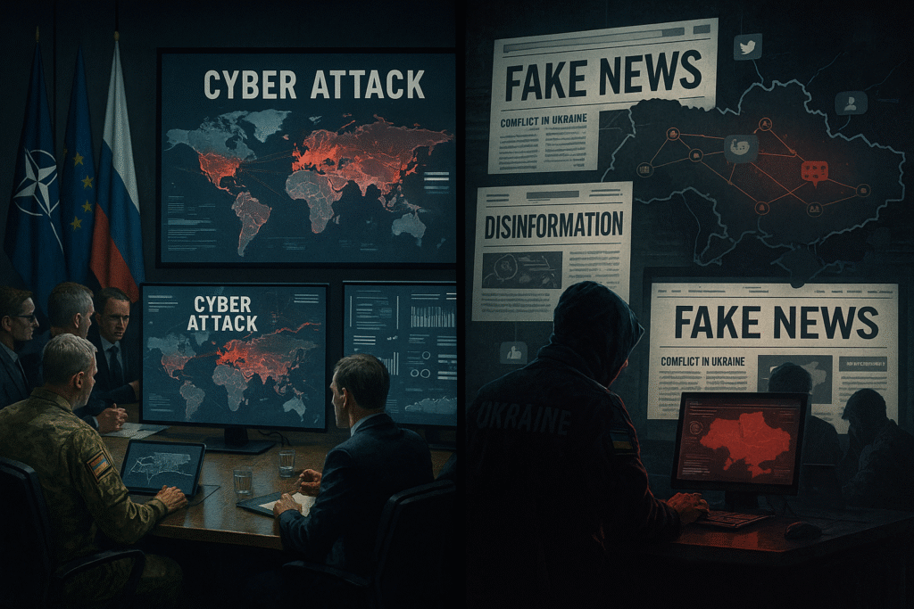 Split-image showing a cybersecurity conference room where military and civilian leaders review global cyberattack maps under NATO, EU, and Ukrainian flags, and a dark room where anonymous figures create and spread fake news and disinformation targeting Ukraine on digital platforms.