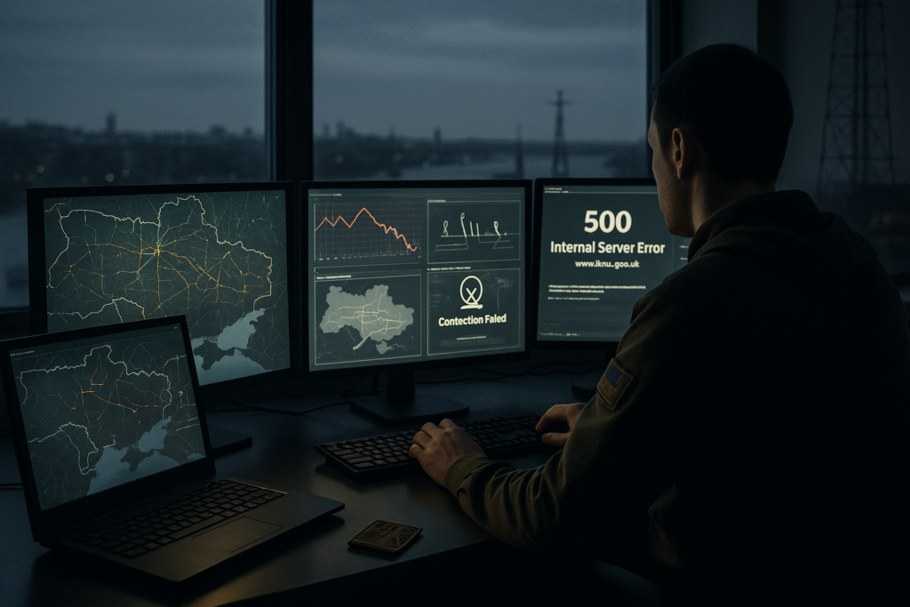 A cybersecurity analyst sits in a dim operations room, monitoring multiple computer screens displaying maps of Ukraine, error messages, server failures, and disrupted networks. The background shows a blurred cityscape with inactive infrastructure, emphasizing the unseen impact of cyber warfare.
Cyber Warfare in Ukraine