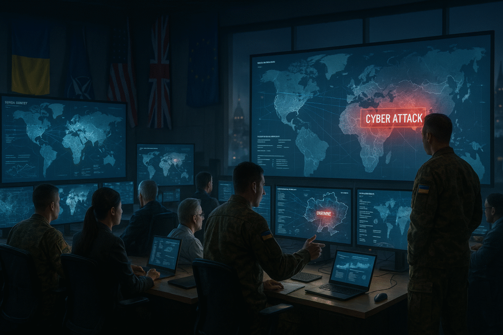 A modern cybersecurity operations center shows military personnel and civilian analysts from multiple countries monitoring cyberattacks on large digital world maps, with Ukraine highlighted as a major conflict zone. Flags of Ukraine, NATO, USA, UK, and EU hang in the background.