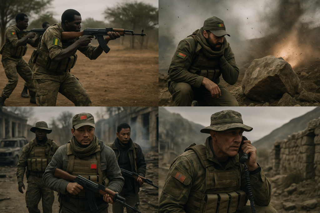 Four cinematic war scenes showing mercenaries from different militias operating in varied global conflict zones, engaged in training, firefights, cover maneuvers, and communications, amid debris, explosions, and harsh landscapes.Chinese Nationals Fighting in Ukraine