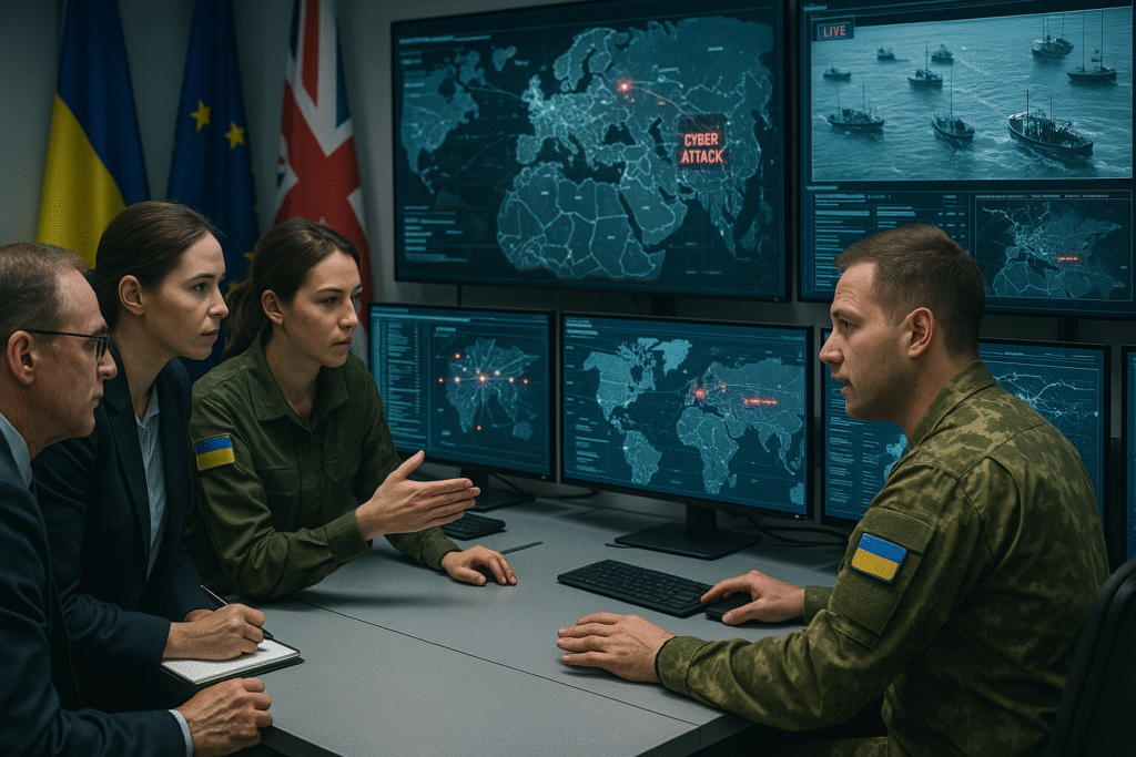 Ukrainian cyber defense experts, wearing uniforms with Ukrainian flag patches, explain active cyber threats to American and British officials inside a modern operations center, with multiple digital threat maps and international flags in the background.