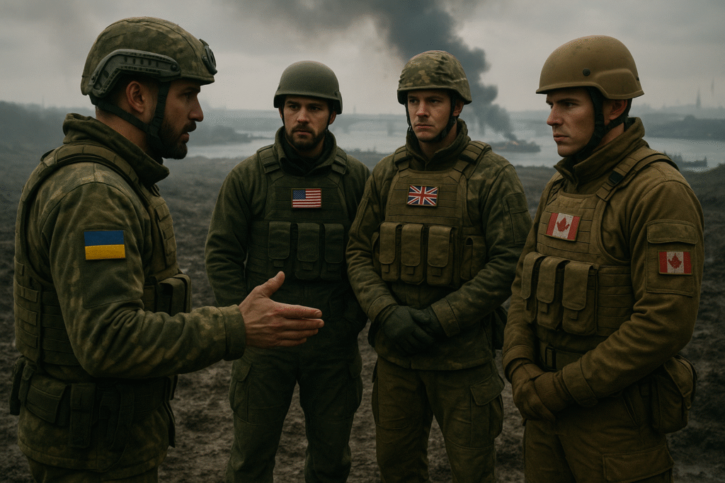 Ukrainian soldier briefing American, British, and Canadian volunteers in tactical gear on a muddy battlefield with smoke rising in the background under a gray sky.