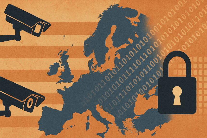 A stylized map of Europe surrounded by black surveillance cameras and digital padlocks, illustrating the continent’s loss of control over its own information environment. Cognitive Occupation.