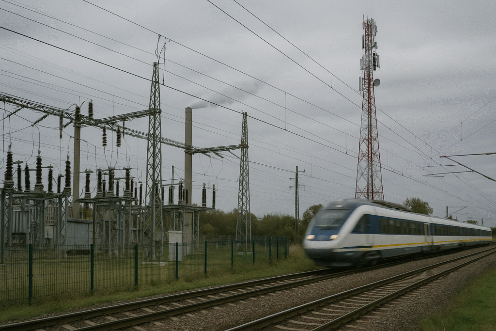 High-speed train passes a power substation beside a telecom tower and industrial chimney under overcast skies, symbolizing Europe’s vulnerable infrastructure. Critical Infrastructure 2025.