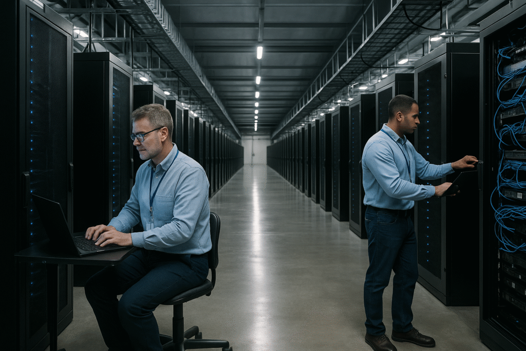Two IT engineers work inside a modern data center; one is seated at a laptop, the other inspects server cables in an open rack, surrounded by rows of glowing black server towers. Critical Infrastructure 2025 .