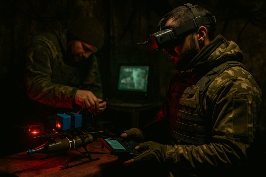 Drone pilots in bunker.