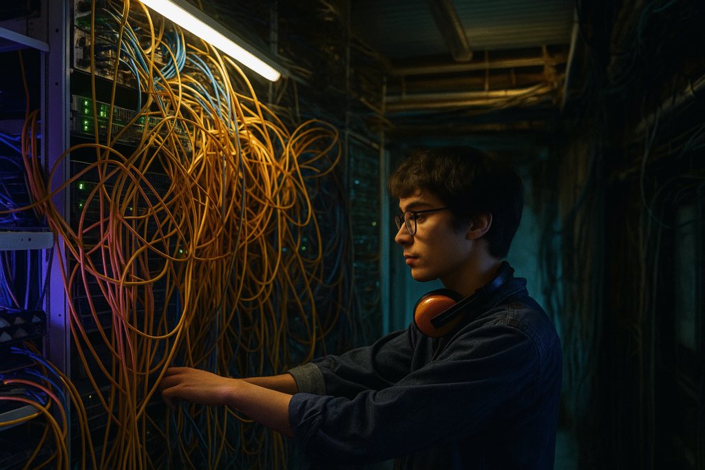 A Data engineer maintaining a server. Europe’s cloud infrastructure.