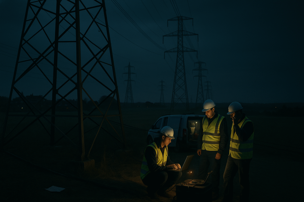 Three utility engineers examine a laptop beside a power transmission tower at dusk, responding to a suspected cyberattack that caused a regional blackout. Energy Resilience 2025.