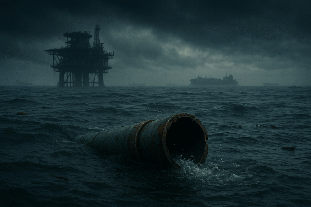 A severed, rusted undersea pipeline leaking gas into dark, stormy waters, with a damaged offshore platform and drifting LNG tankers under heavy clouds. Energy Resilience 2025.