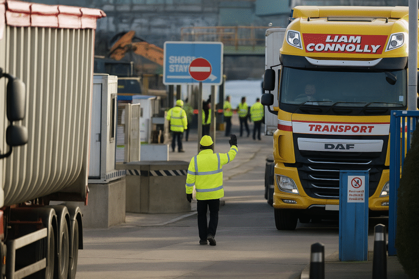 A yellow Liam Connolly Transport truck approaches a port checkpoint where a worker in a high-visibility jacket signals traffic amid industrial surroundings.