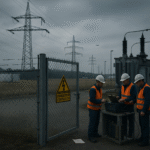 Men aim to fix a power outage following a cyber attack on power grid infastructure