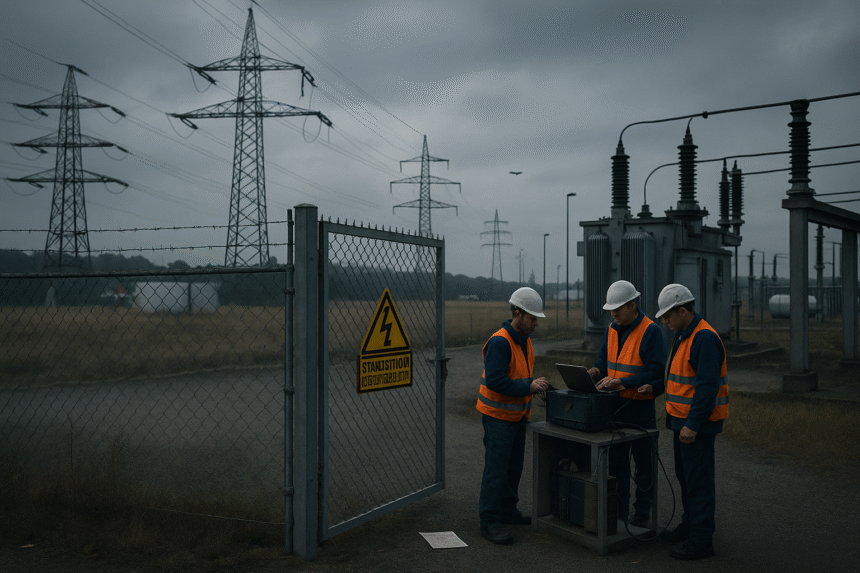 Men aim to fix a power outage following a cyber attack on power grid infastructure