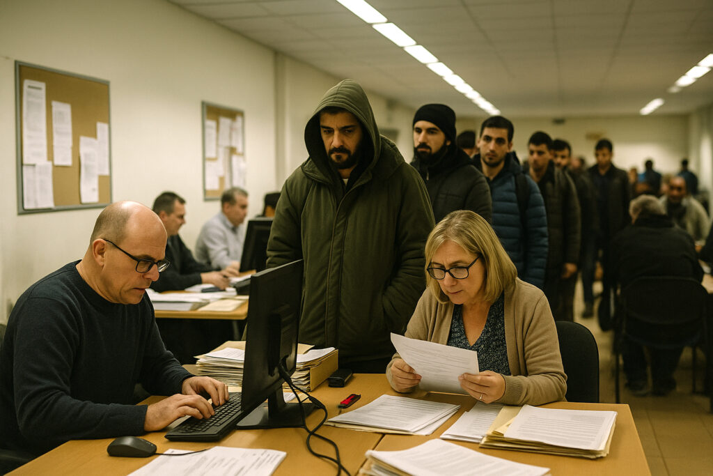 Migrants wait in line at a crowded asylum intake office while staff process documents. Russia’s Migration Doctrine.