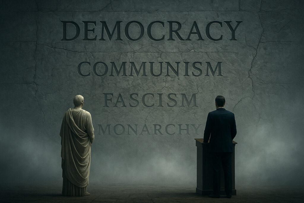 Two figures—one ancient and robed, one modern and suited—observe a tall stone wall engraved with fading political ideologies.