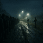 Migrants wait silently at a dimly lit European border checkpoint under floodlights, watched by armed guards