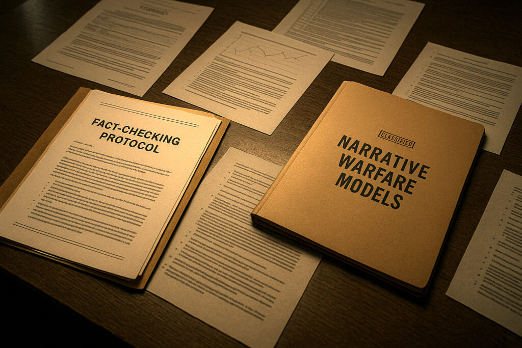 A closed government folder labeled "FACT-BASED INTERVENTION" next to a disinformation playbook. Format over facts.