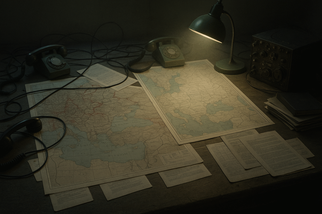 Overhead shot of a Cold War-era intelligence room with analog phones, overlapping military and cultural maps, and green shaded lighting.