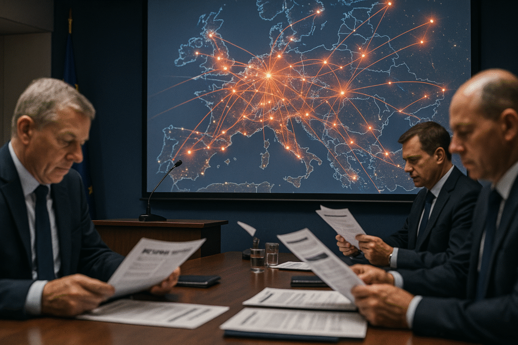 Press briefing room with digital network map showing cyberattacks on European cities. Scattered Spider.