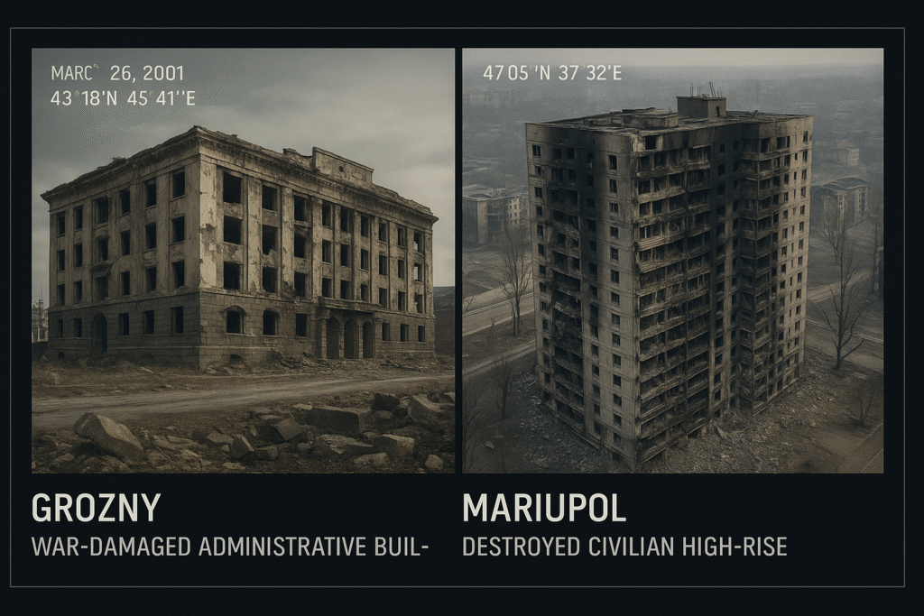 Side-by-side comparison of a war-damaged administrative building in Grozny and a destroyed civilian high-rise in Mariupol.