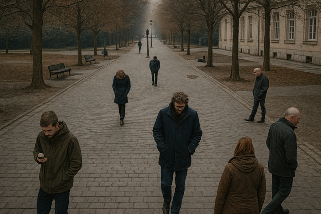 Aerial view of pedestrians in a European city square walking alone in different directions, heads down. Return of the Strong Gods.