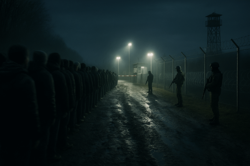 Migrants wait silently at a dimly lit European border checkpoint under floodlights, watched by armed guards