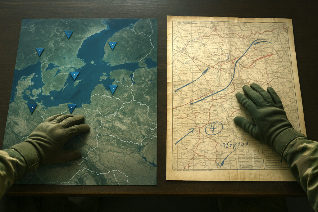 Two gloved hands hover over opposing military maps — a NATO-style satellite map with markers and a faded Soviet map with handwritten notes. The Moral Battlefield.