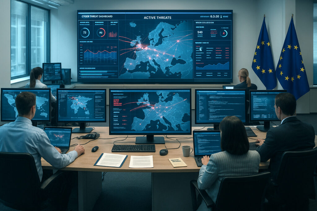 A landscape, photorealistic image of a European government cyber defence command centre. Analysts monitor live dashboards and maps of cyberattacks spreading across Europe. Subtle EU flags, policy documents, and digital threat indicators are visible in a well-lit, advanced control room. NoName057(16).