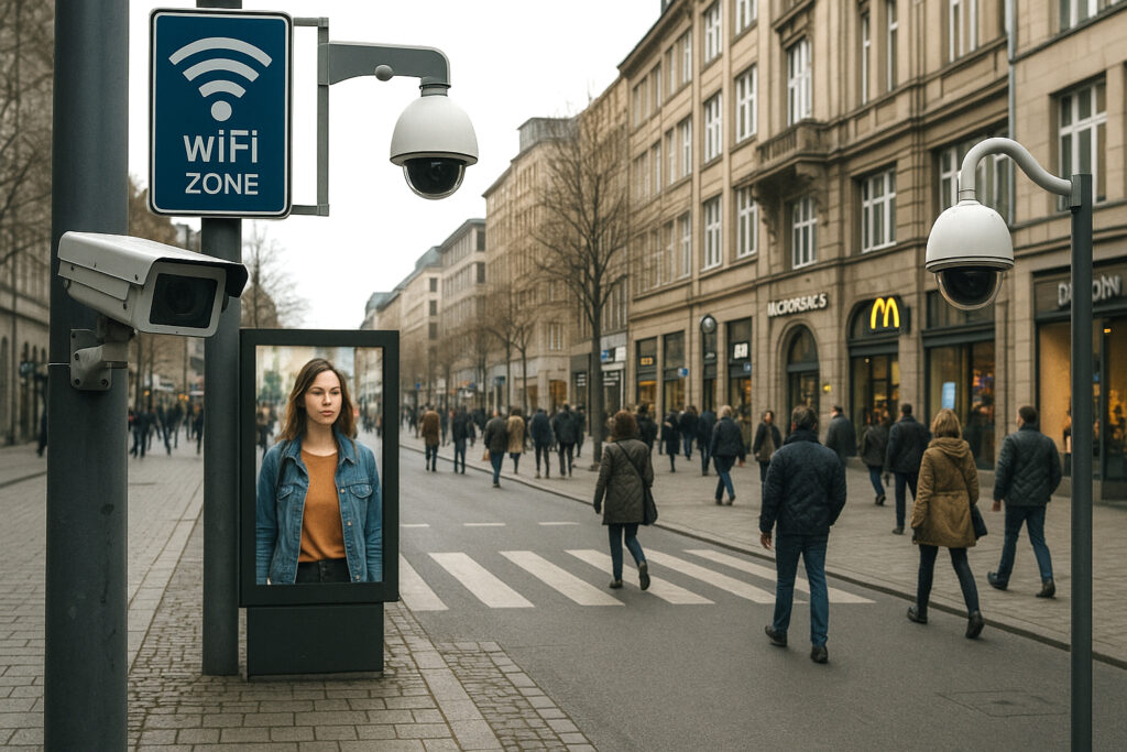 European street with hidden surveillance tech, including facial recognition signs and digital billboards