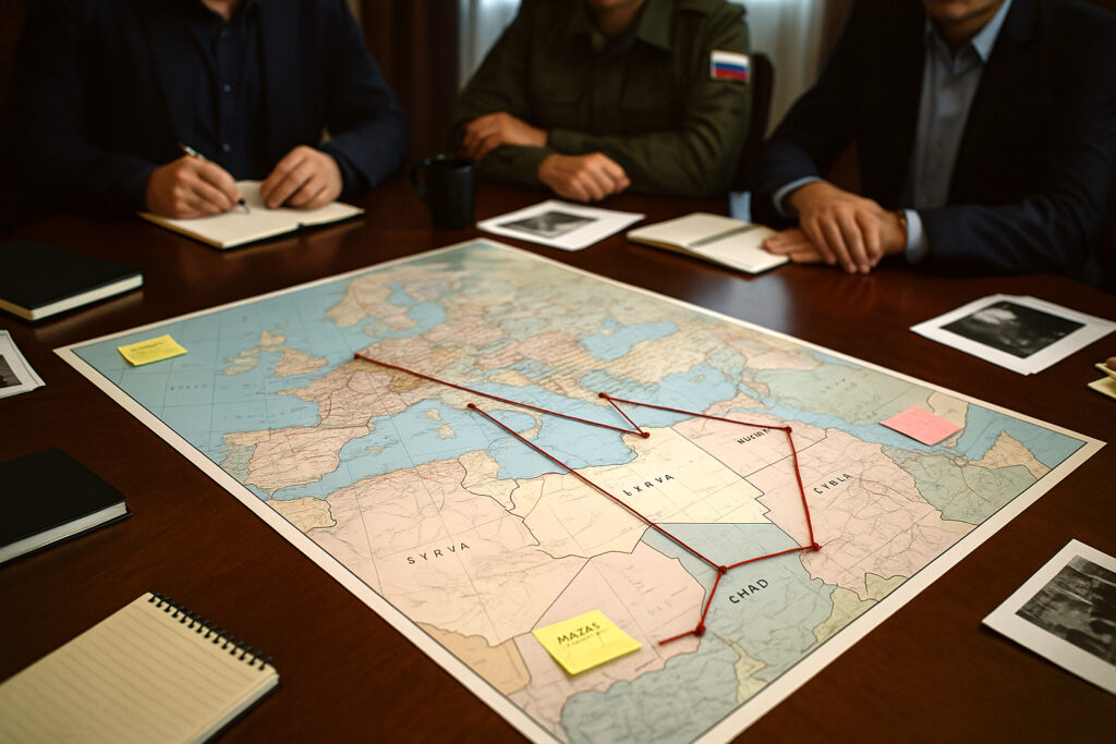 Tactical map with red arrows showing migrant flows from North Africa and the Middle East toward Europe. Russia’s Migration Doctrine.