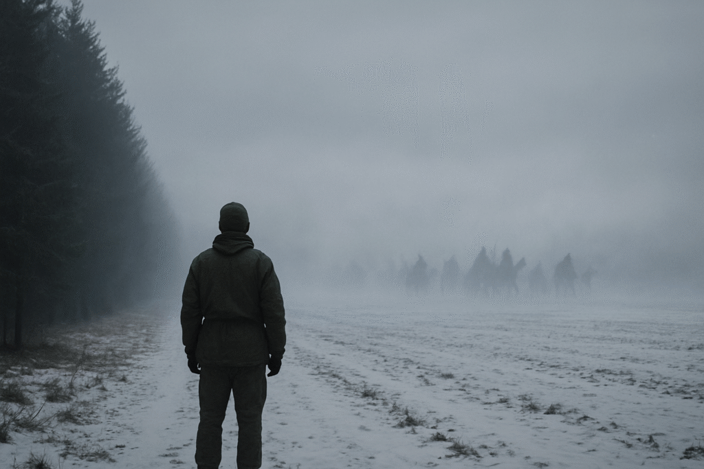 A soldier stands before an endless Eurasian plain; ghostly invasion forms dissolve into the mist under a bleak sky. Hybrid Warfare.