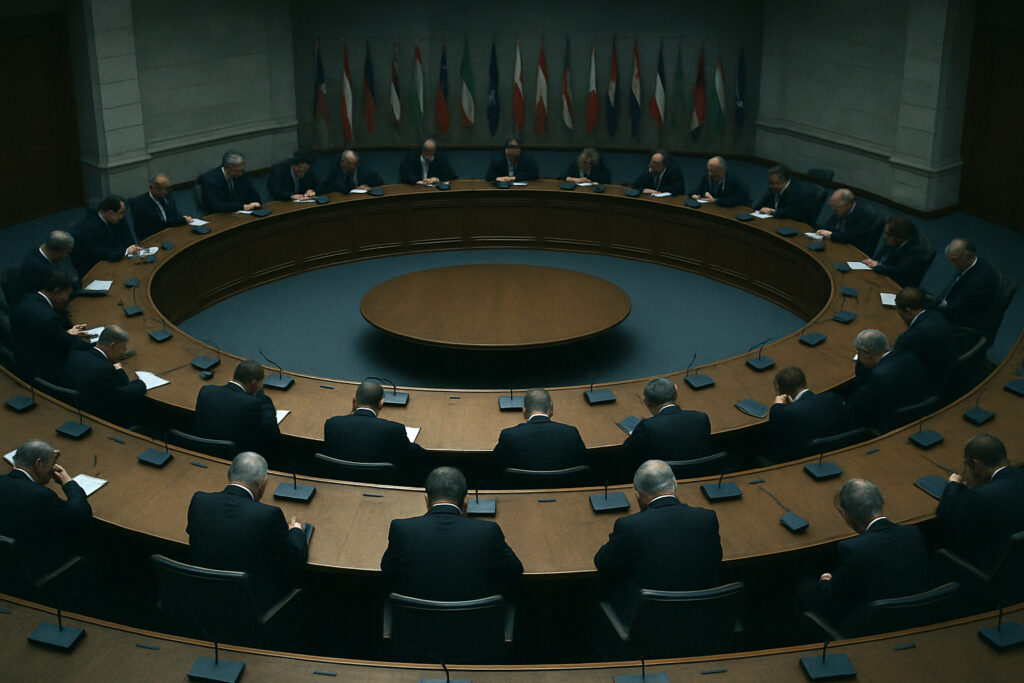 A wide overhead view of a global summit hall with bowed delegates and neutral lighting.