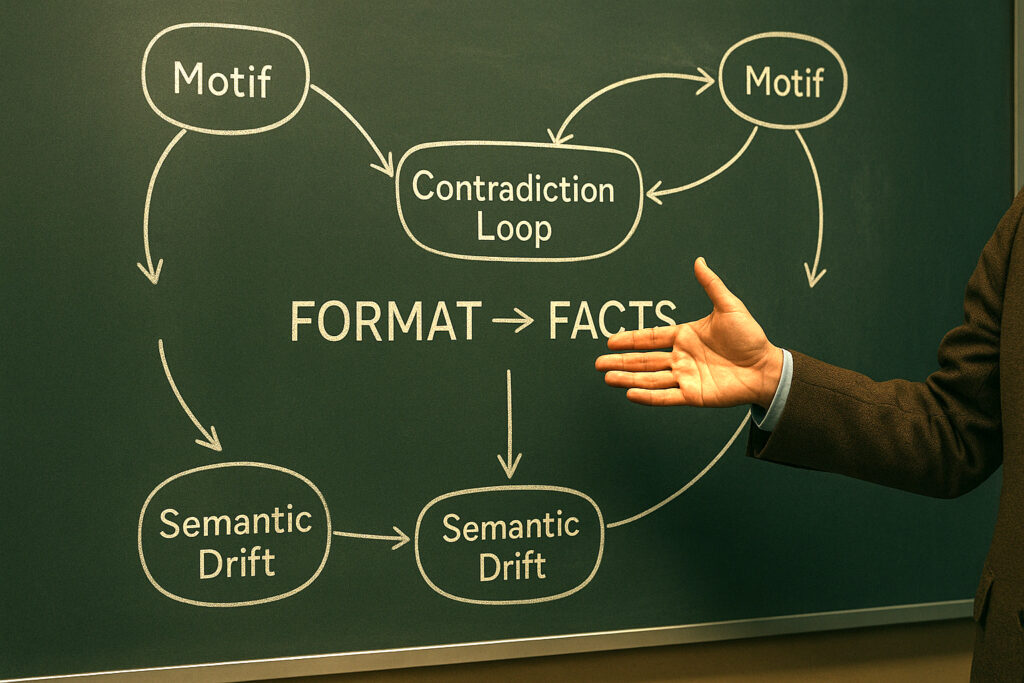 Diagram of asymmetric influence architecture showing motif repetition, semantic drift, and contradiction loops. Format over facts.