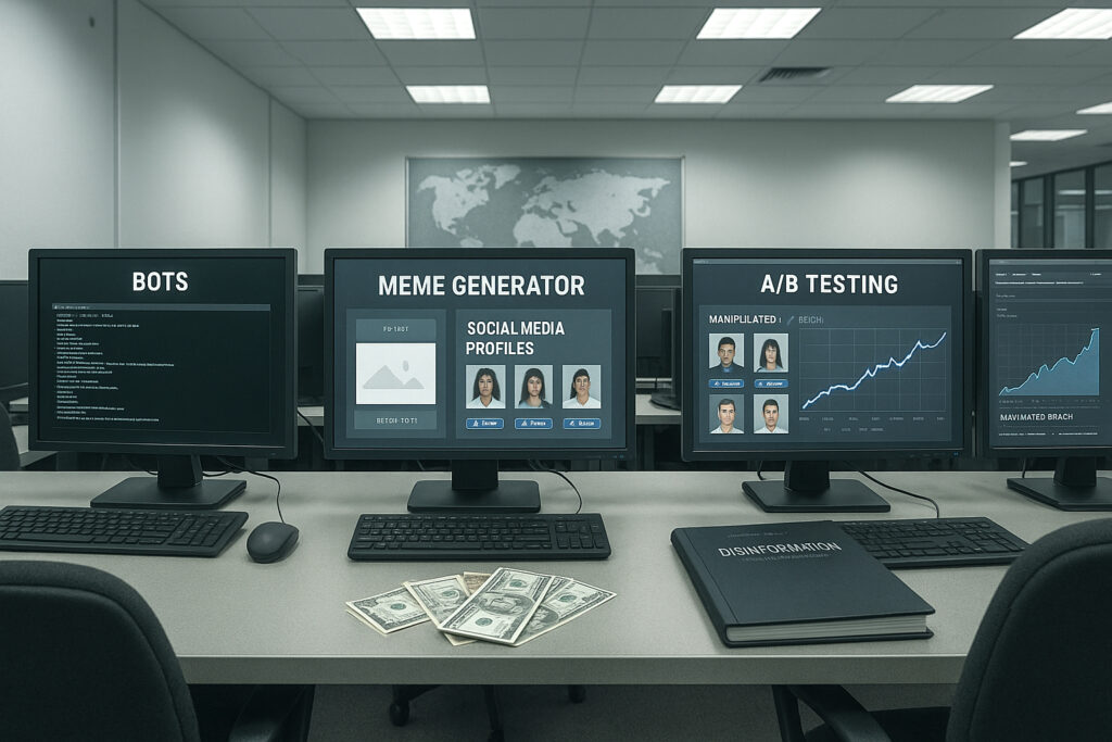 Screens showing bot farms, meme generators, and fake engagement dashboards. Propaganda Supply Chain.