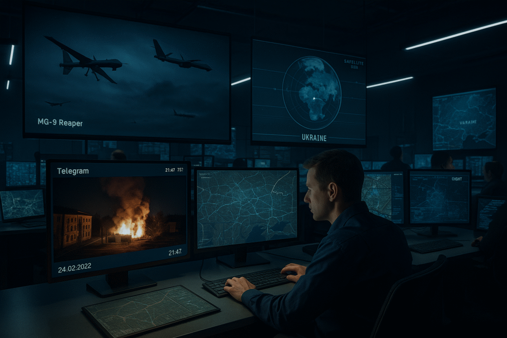 Civilian OSINT analyst in a NATO-aligned war room monitors Ukrainian strike footage and real-time data feeds. Why Russia Can’t ‘Grozny’ Ukraine.