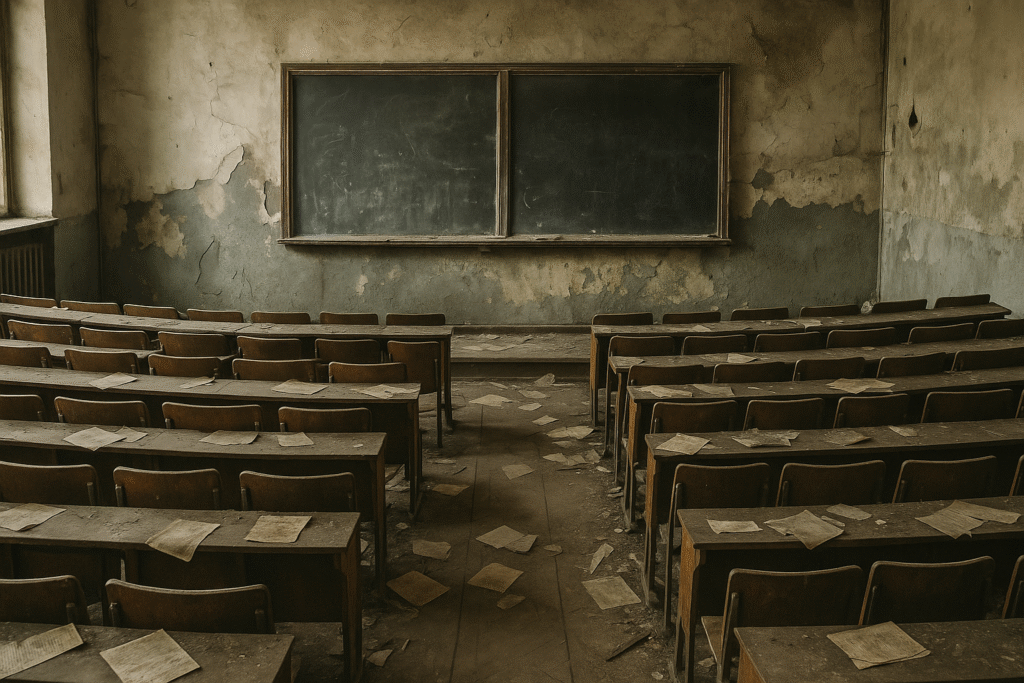 Interior of a decaying mid-century lecture hall with broken desks, peeling walls, and scattered papers. Return of the Strong Gods.