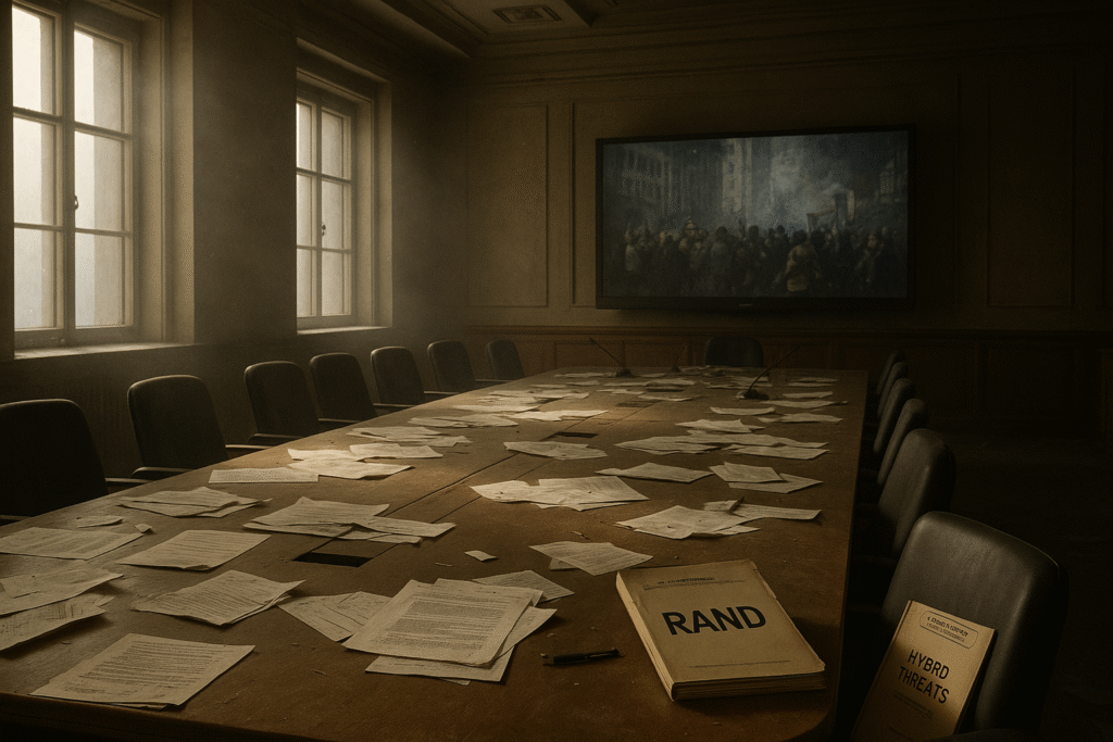 An empty European conference room with papers scattered, a cracked screen showing paused protest footage, and a RAND report titled “Hybrid Threats” on a chair. Dust lingers in filtered daylight. The Road to Unfreedom.