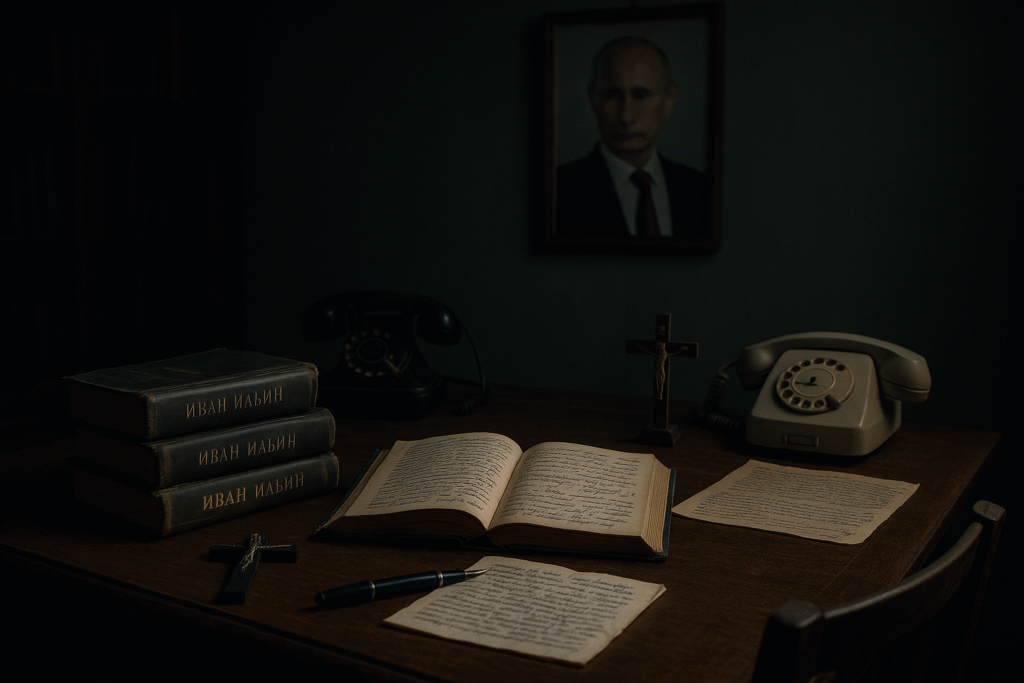 A dimly lit room inside a Russian archive with a desk holding Ivan Ilyin’s books, handwritten Russian notes, a fountain pen, and an Orthodox cross. A portrait of Vladimir Putin hangs on the wall above.The Road to Unfreedom.