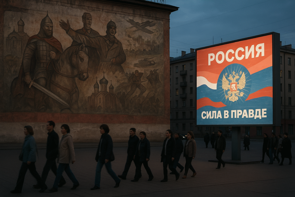 A Soviet-era mural showing knights and churches fades beside a modern pro-Kremlin billboard in a city square at dusk, with pedestrians walking past indifferently. The Road to Unfreedom.