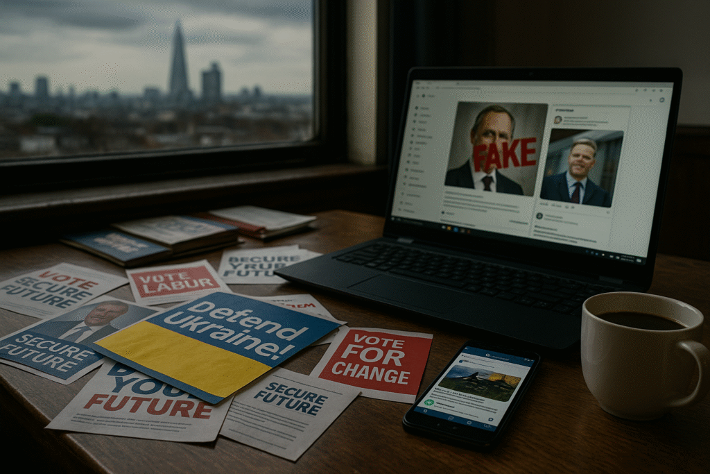 A cluttered office desk with overlapping UK and Ukraine campaign flyers, a laptop displaying fake social media content, and a phone running a Russian Telegram channel. A cloudy London skyline is visible through the window. The Road to Unfreedom.