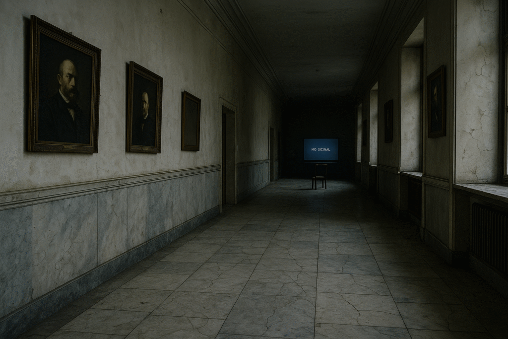 A dimly lit corridor in a European institutional building with cracked marble flooring, crooked portraits, and a single chair facing a blank “NO SIGNAL” monitor. Dust and silence dominate the scene.