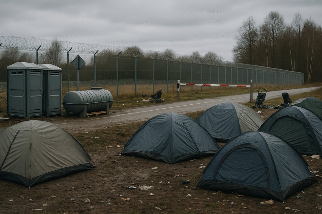 Abandoned pushchairs and scattered NGO equipment at a rural EU border camp, symbolising long-term stress. Russia’s weaponised migration strategy.