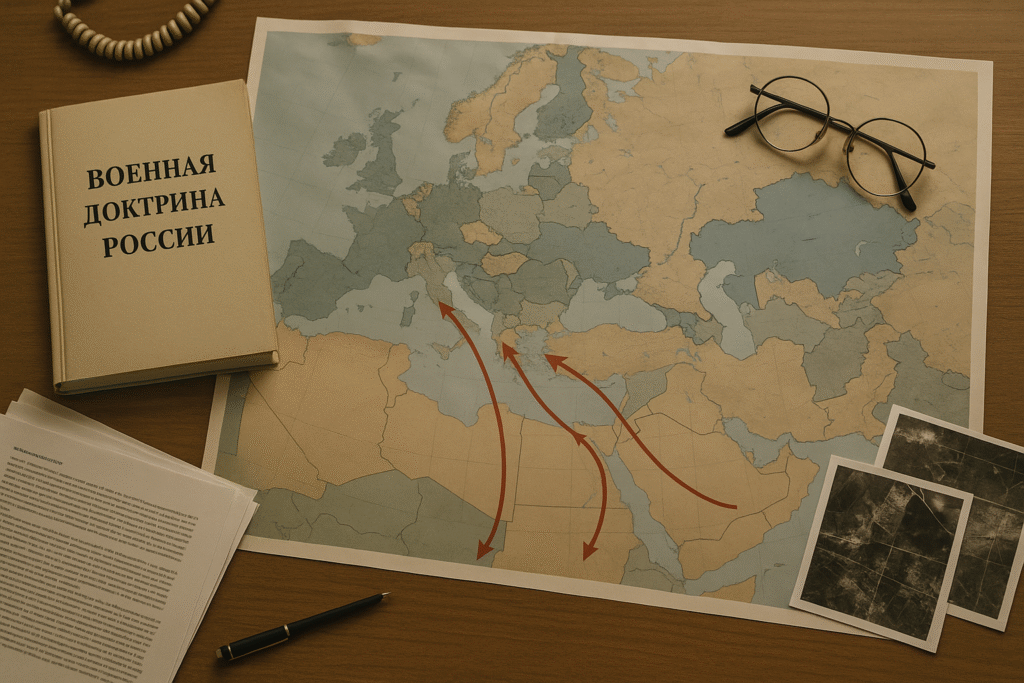 Russian doctrine book open next to red-marked European migration map and intelligence briefs. Russia’s weaponised migration strategy.