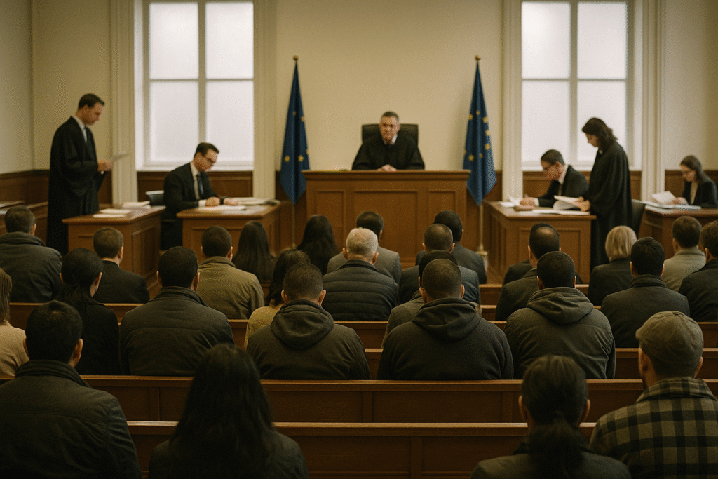 European courtroom during an immigration hearing; migrants sit in silence as lawyers present cases. Russia’s weaponised migration strategy.