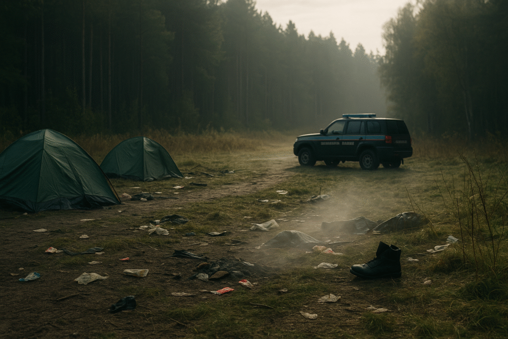 Misty forest with empty tents, scattered food wrappers, and a distant Belarusian patrol vehicle.