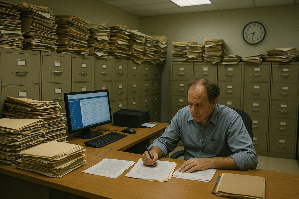 Tired government worker processing refugee forms at a desk surrounded by overflowing filing cabinets.