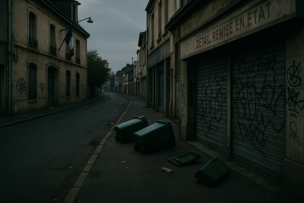 Empty Parisian suburb street with shuttered shops, graffiti, and limp French flag at dusk.