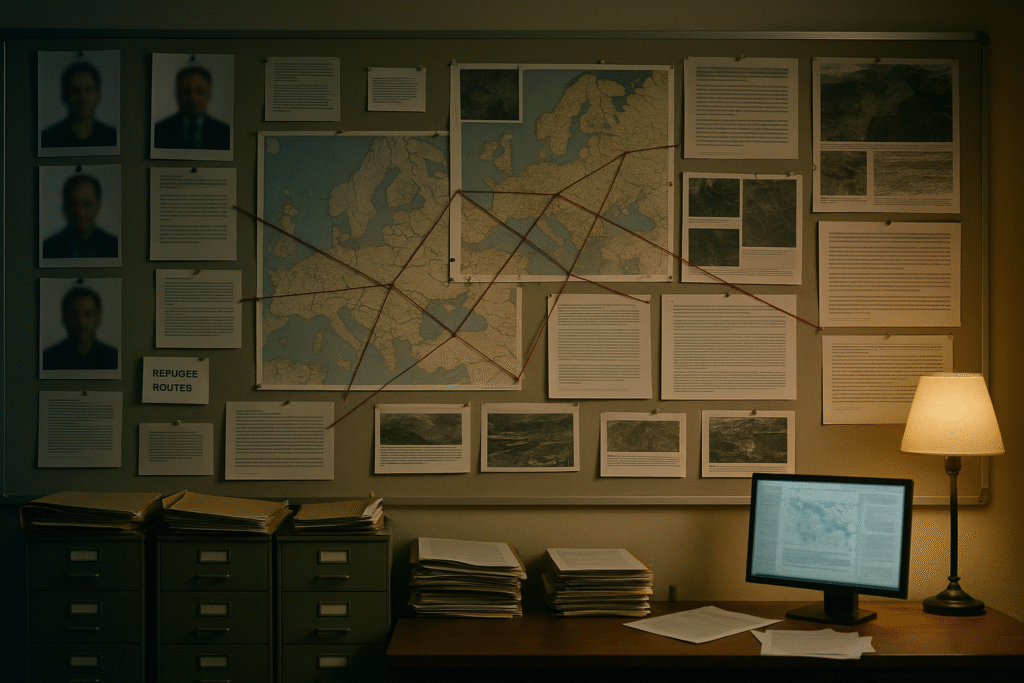 Intelligence board covered with maps, marked refugee routes, and blurred theorist photos under a single lamp.